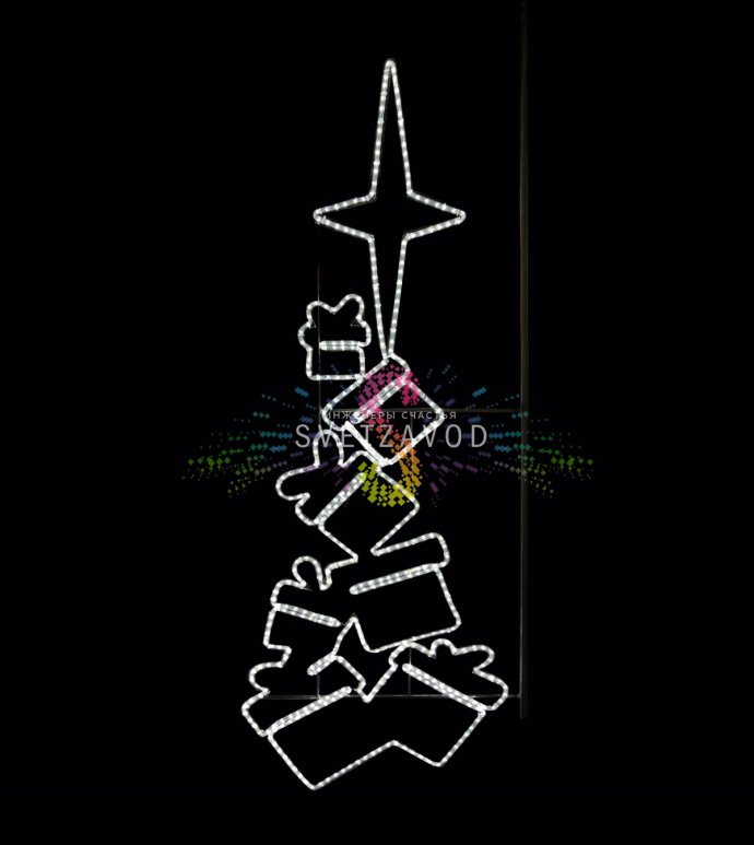 Крупный план белой светодиодной консоли 'Подарки' с деталями металлического каркаса и светодиодной гирляндой, установленной на опору.