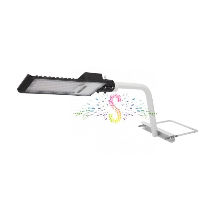 Детальное фото белого кронштейна для консольного светильника Rexant с хомутным креплением, сталь 2 мм, размеры 62.5х46х28 см.