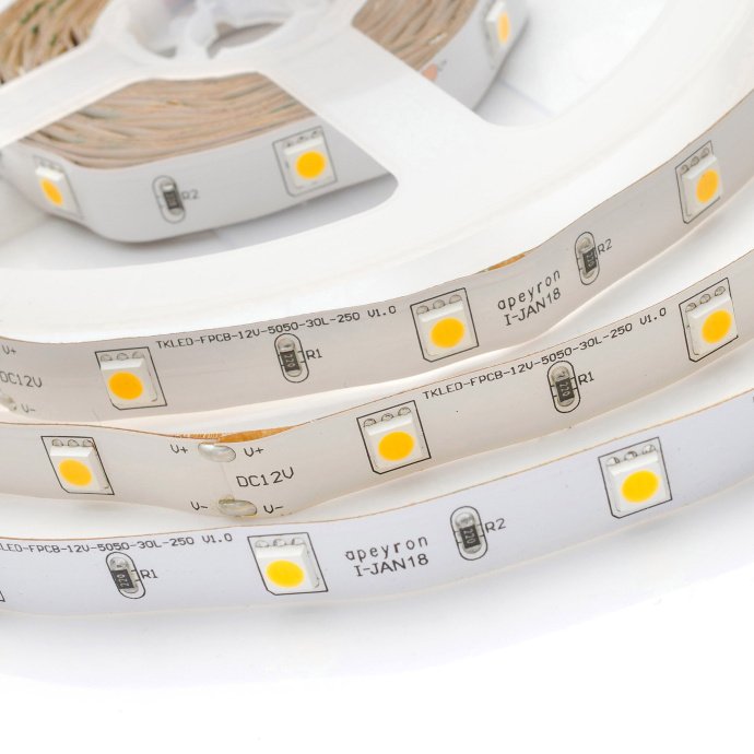 Светодиодная лента 12В SMD5050 30д/м тёплый белый 3000K, выключатель на проводе, блок питания 48Вт