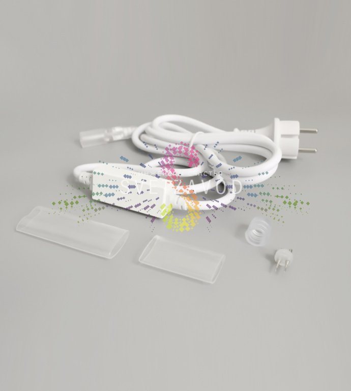 Детальное фото комплекта подключения Rich Led для двухжильного дюралайта диаметром 13 мм с вилкой и разъемами, упакованного в пакет.