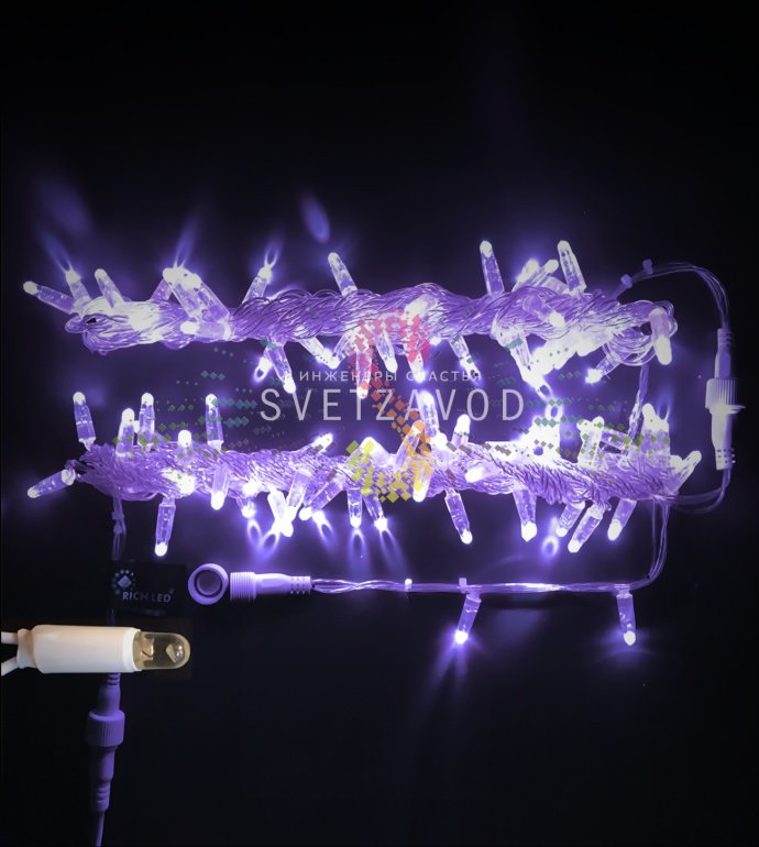 Детальное фото гирлянды-нити Стринг Лайт Rich Led: фиолетовые светодиоды, прозрачный ПВХ провод, защитные колпачки, длина 10 метров.