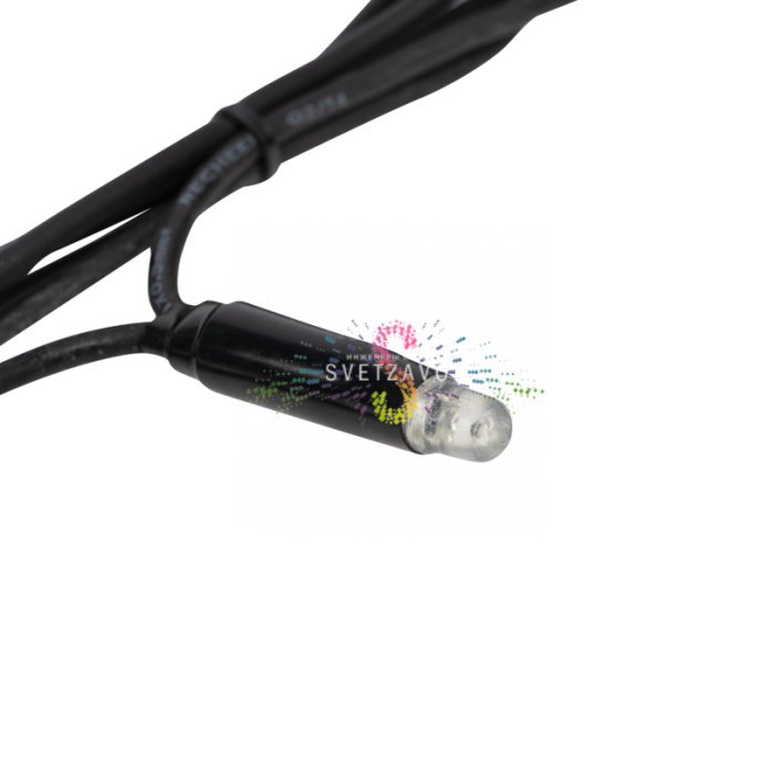 Детальное фото гирлянды-нити Твинкл Лайт длиной 20 метров. Видны черный каучуковый провод, яркие светодиоды с защитными колпачками и встроенный контроллер. Детальное фото гирлянды-нити Твинкл Лайт длиной 20 метров. Видны черный каучуковый провод, яркие светодиоды с защитными колпачками и встроенный контроллер.