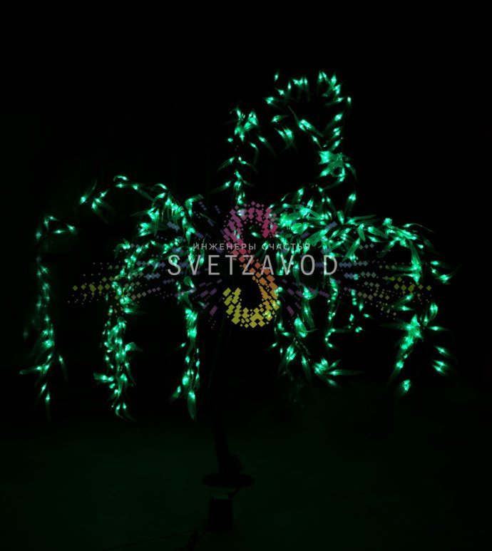 Детальное фото светодиодного дерева Ива: черный ствол, ветви диаметром 0.6 м с 480 зелеными светодиодами.