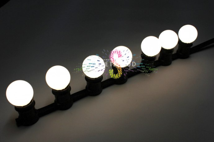 Крупный план белой декоративной LED лампы E27 SBL-1014 с матовой пластиковой колбой диаметром 45 мм и цоколем.