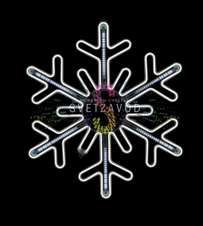 Крупный план светодиодной снежинки 80см с белым неоном, пластиковым каркасом и эффектом динамической подсветки 'тающая сосулька'. Крупный план светодиодной снежинки 80см с белым неоном, пластиковым каркасом и эффектом динамической подсветки 'тающая сосулька'.