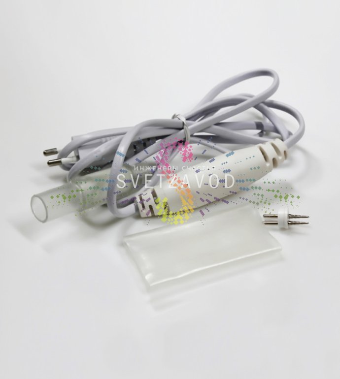 Детальное фото силового шнура с диодным мостом для дюралайта: белый кабель длиной 1.83 м, вилка, герметичный блок выпрямителя и специальный коннектор.