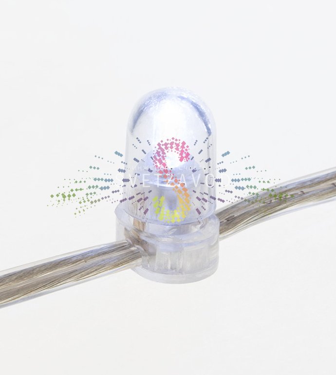 Детальное фото бухты Клип Лайт 12В Neon-Night: виден прозрачный ПВХ провод, светодиоды с защитными колпачками, расстояние между диодами 15 см.