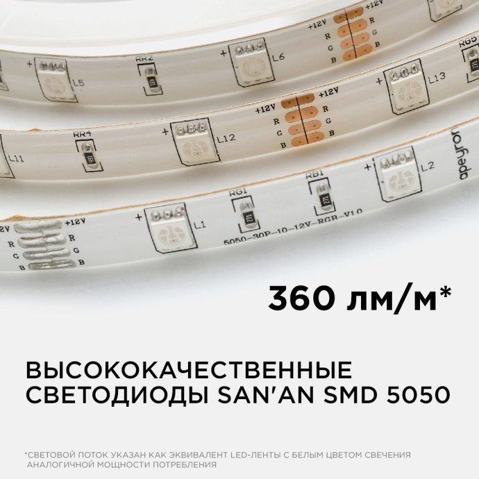 Светодиодная RGB лента 12В SMD5050 30LED/м IP65, ширина 10мм, длина 5м, двухслойная белая плата, угол 120°, 360лм/м.