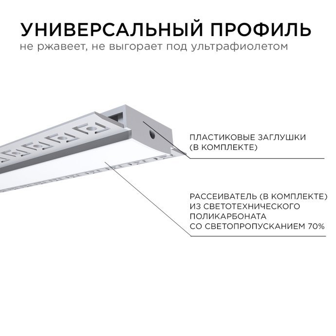 Алюминиевый профиль 61х14 мм, 2.5 м, серебристый, с белым матовым рассеивателем, для монтажа под штукатурку.