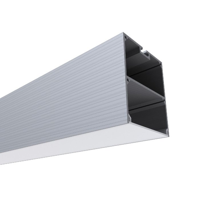 Анодированный алюминиевый профиль для светодиодной ленты, подвесной, серебристый, размер 50х55х2000мм, матовый белый рассеиватель из поликарбоната