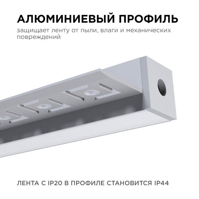 Алюминиевый профиль LED под штукатурку, серебристый, белый рассеиватель, IP44, 2,5 м, 36х15 мм, заглушки