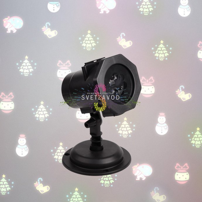 Детальное фото светодиодного проектора Neon-Night: черный корпус из АБС-пластика, разъемы, блок питания и набор из 12 слайдов с различными тематическими проекциями.