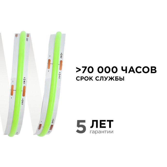Детальное фото: зеленая светодиодная лента 24В COB 352д/м, 5м, IP20, с двухслойной основой и контактами для подключения.
