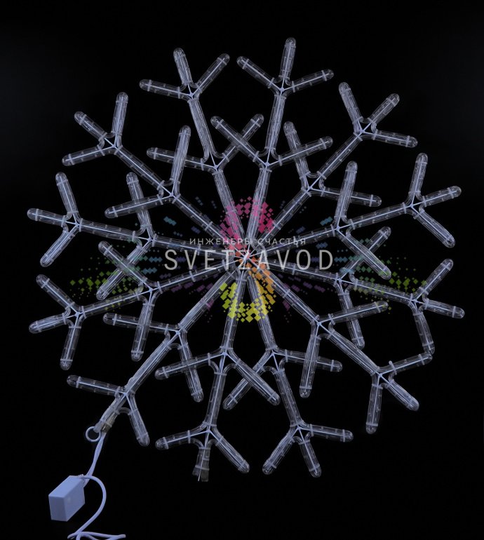 Детальное фото светодиодной снежинки 90 см с металлическим каркасом, сине-белой подсветкой и контроллером, готовой к уличному монтажу.