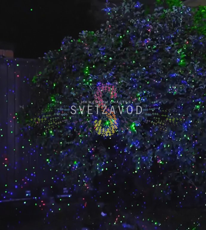 Детальное фото лазерной подсветки Garden X-33P: черный корпус из АБС-пластика, три лазерных модуля, основание для грунта, пульт ДУ и блок питания.