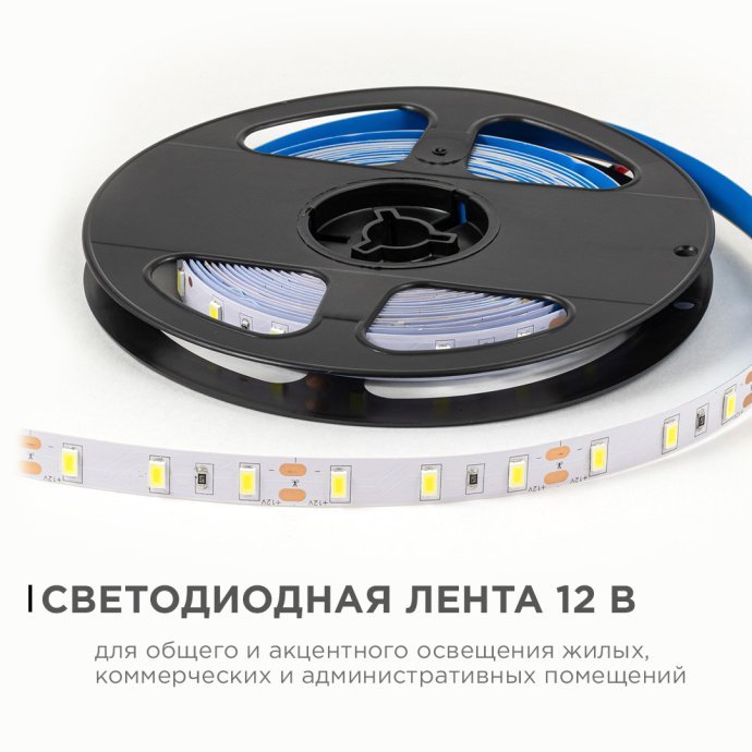 Крупный план светодиодной ленты: холодное белое свечение 6500K, чипы SMD 5630, 60 диодов/м, белая двухслойная плата, ширина 10 мм, контактные площадки для пайки.