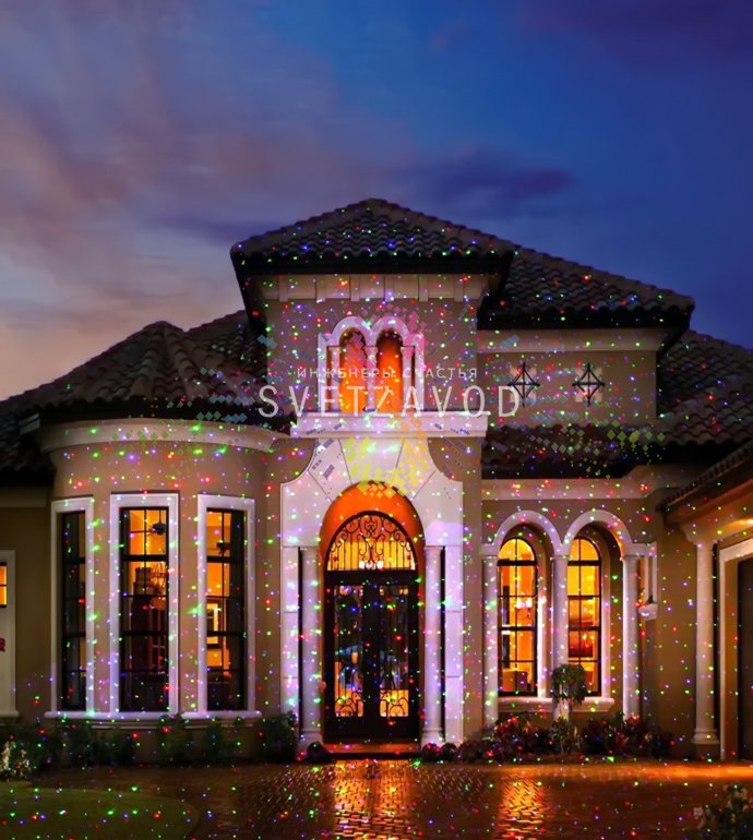 Лазерная подсветка Garden X-33 Premium на грунтовом основании, проекция лазеров на фасад здания, комплектация: пульт ДУ, блок питания, Bluetooth-колонка