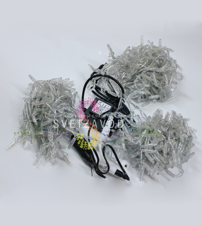 Детальное фото комплекта гирлянды Клип Лайт Спайдер SSP-118: 3 нити по 20м на прозрачном проводе, блок питания 220/24В, упаковка.