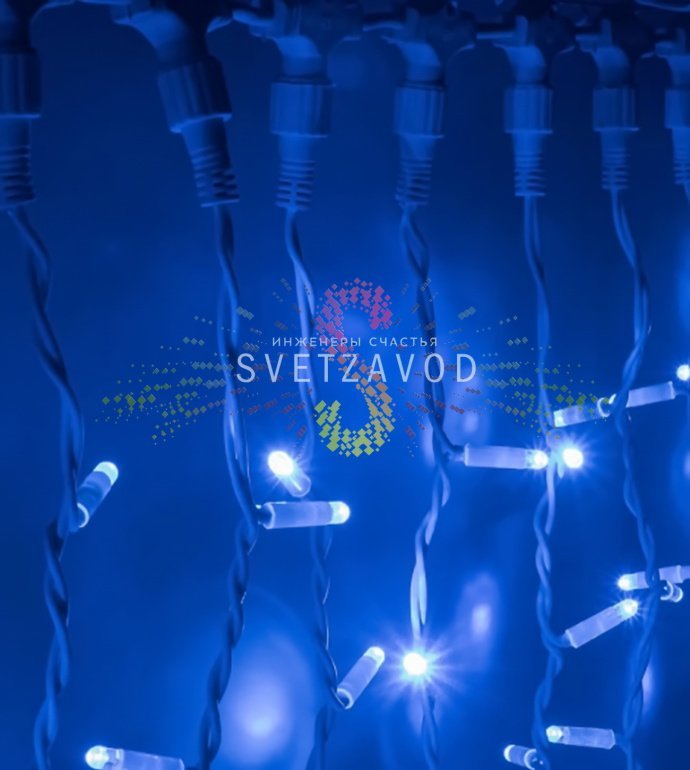 Детальное фото светодиодного занавеса Дождь 2х3м: видны горизонтальный шлейф, 20 вертикальных нитей по 3 метра с синими светодиодами, белые каучуковые провода и защитные колпачки.