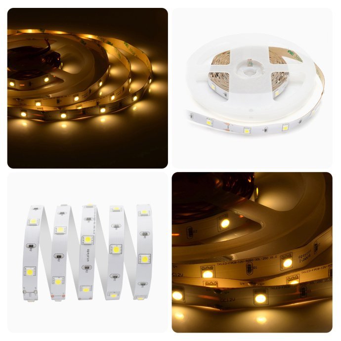 Светодиодная лента Apeyron Electrics теплый белый 3000K, 5м, SMD5050 30LED/м, IP20, белое основание, 12В, для декора.