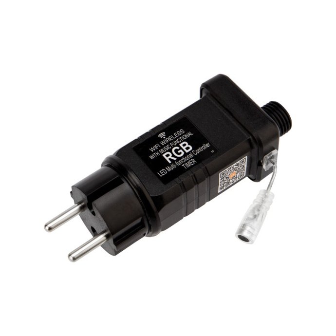 Детальное фото умной гирлянды Дождь Neon-Night: видны прозрачные провода, 180 RGB светодиодов, блок питания и шнур подключения.