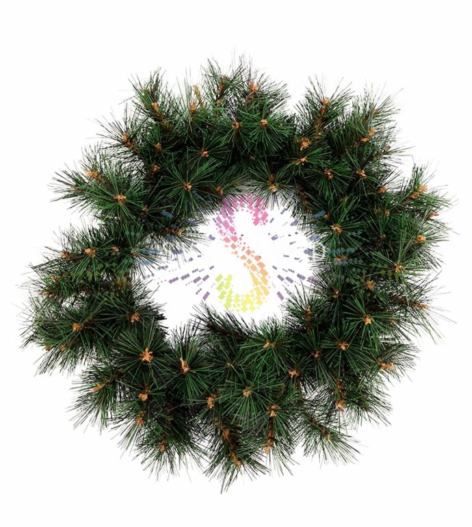 Детальное фото рождественского венка Neon-Night: густые ветки из лески, темно-зеленая хвоя, готов к украшению шарами и гирляндами.