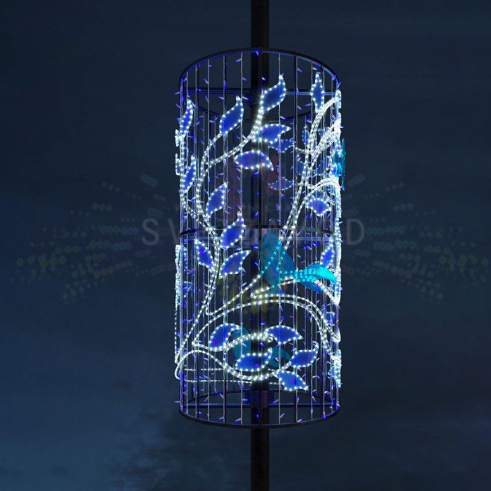 Детальное фото светодиодной консоли 'Ветки 3D' 150х70х70 см. Видны металлический каркас с защитным покрытием, светодиодные ветки белого и синего свечения, элементы крепления на опору.