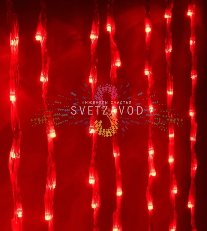 Детальное фото светодиодного дождя SPL-904: 21 нить по 3.6 метра с 1344 красными диодами, контроллер, коннекторы.