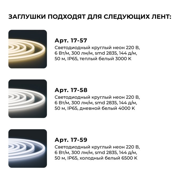 Детальное изображение пластиковой заглушки 09-153: прозрачная, мягкая, для круглого неона 14 мм, обеспечивает IP65 при герметизации