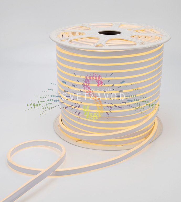 Крупный план светящегося двухстороннего гибкого неона Neon-Night теплого белого свечения, демонстрирующий равномерное распределение света и гибкую силиконовую оболочку.