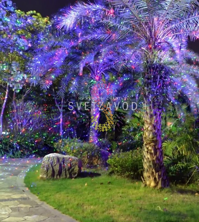 Лазерная подсветка Garden X-33 Premium на грунтовом основании, проекция лазеров на фасад здания, комплектация: пульт ДУ, блок питания, Bluetooth-колонка