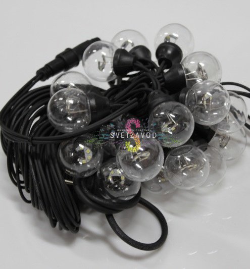 Гирлянда с лампами, белая, 10 метров, 20 ламп, черный провод 