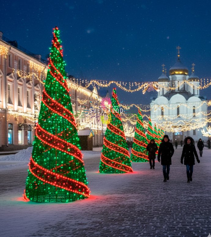 Детальное фото светодиодной елки Конус 210х80 см, 24В. Виден прочный металлический каркас, зеленые ветви и красные светодиоды. Конструкция для уличного использования. Детальное фото светодиодной елки Конус 210х80 см, 24В. Виден прочный металлический каркас, зеленые ветви и красные светодиоды. Конструкция для уличного использования.