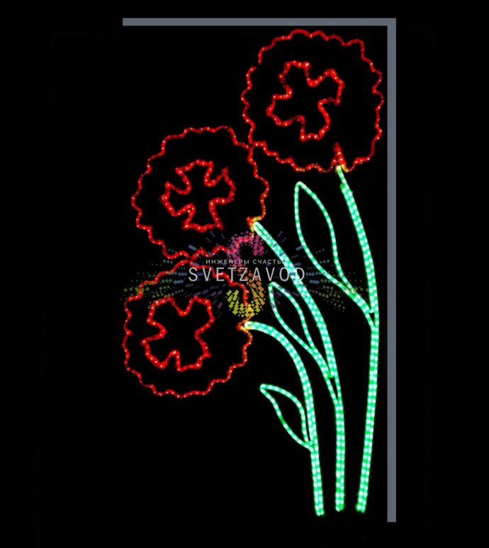 Детальное фото светодиодной консоли «Гвоздики» размером 150х70 см с металлическим каркасом и 850 красными светодиодами для монтажа на уличный столб.