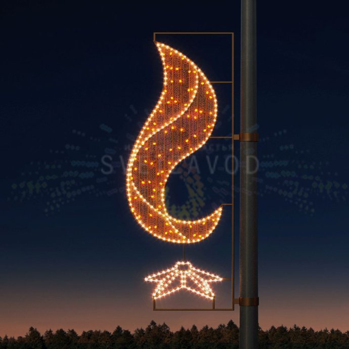 Детальное фото светодиодной консоли Вечный огонь для 9 мая: металлический каркас, светодиоды, крепления, размеры 170х70х3 см.