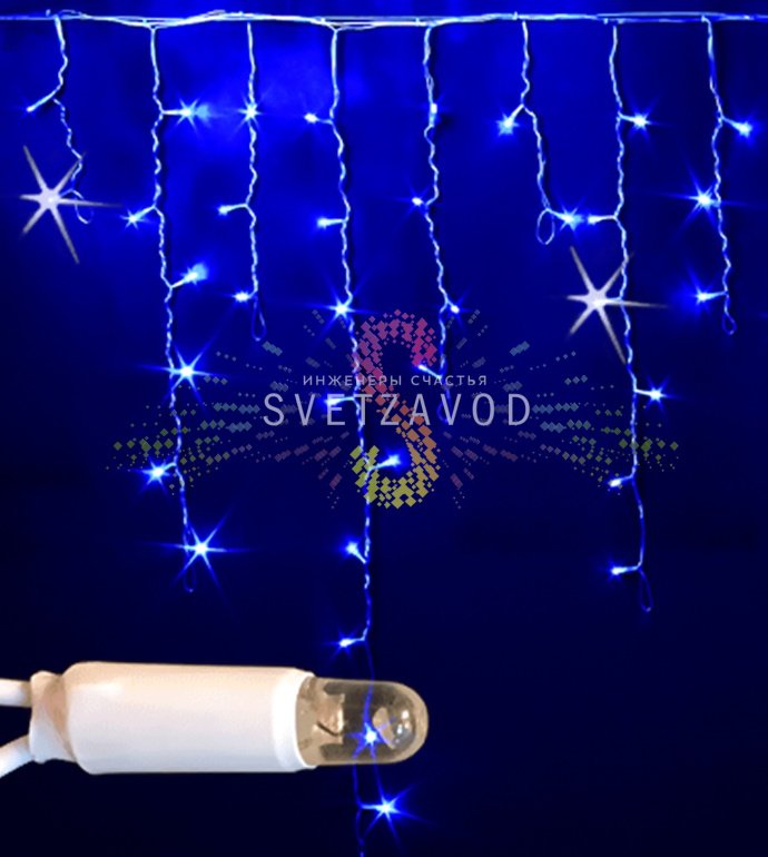 Детальное фото светодиодной бахромы Айсикл Rich Led: видны синие мерцающие светодиоды DIP, белый ПВХ провод, коннекторы для соединения, защитные колпачки.