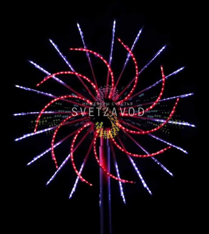 Крупный план светодиодного фейерверка Колесо: металлическое основание, 30 пластиковых лучей с красно-белыми светодиодами, контроллер и блок питания.