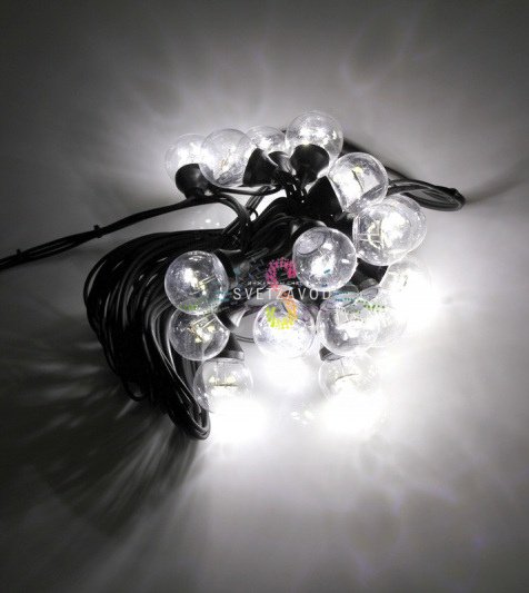 Гирлянда с лампами, белая, 10 метров, 20 ламп, черный провод 