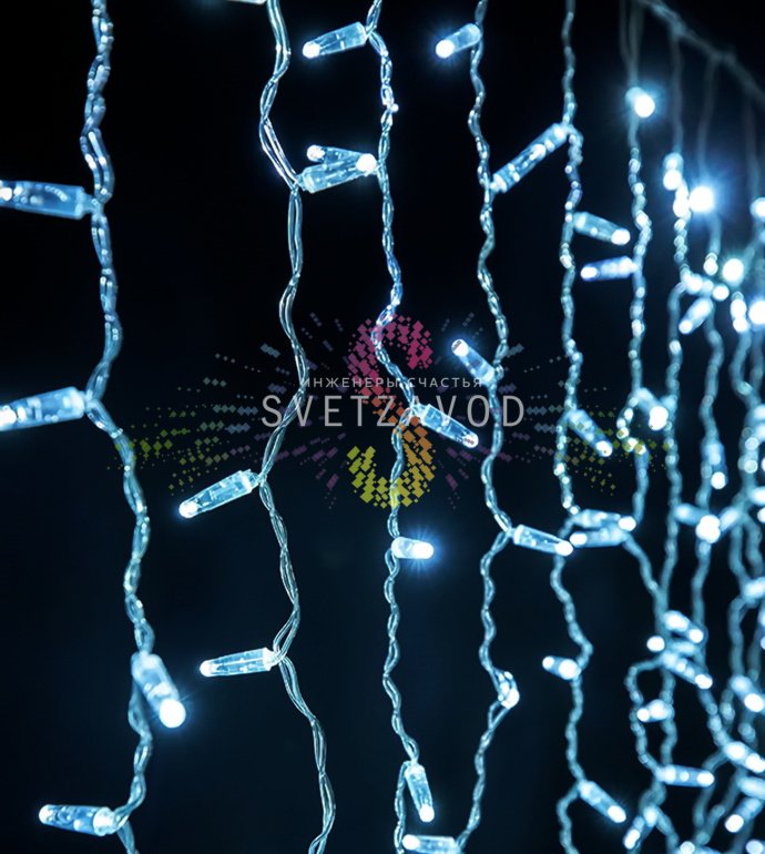 Детальное фото светодиодного дождя Rich Led: горизонтальный шлейф 2 метра с 20 нитями по 1 метру, 200 светодиодов белого холодного свечения, прозрачная изоляция ПВХ.