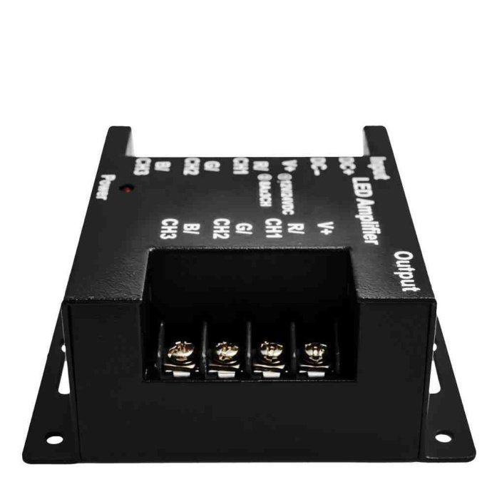 RGB усилитель 12/24В 288Вт, 3x8А, IP33, металл. Изображены клеммы подключения, размеры, маркировка Apeyron Electrics.