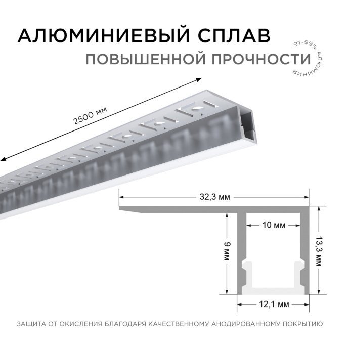 Алюминиевый профиль 32х13х2500 мм, серебристый, с матовым белым рассеивателем из поликарбоната и заглушками.