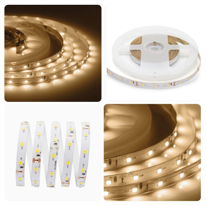 Детальное фото катушки со светодиодной лентой 12В 5м теплый белый, SMD 2835, 60 LED/м, подложка 10мм, IP20, 800Лм/м.