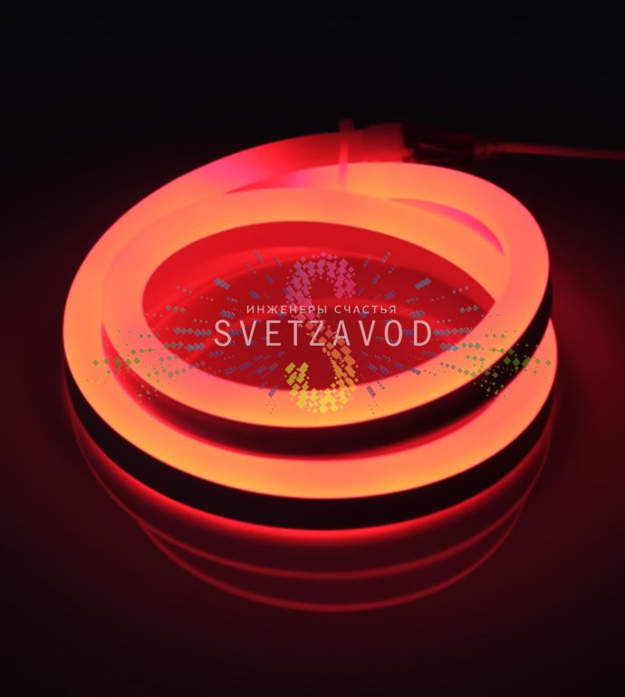 Детальное фото светодиодного гибкого неона Led Neon Flex красного цвета, размер 12х25 мм, с видимыми светодиодами SMD2835 и двухжильным проводом.