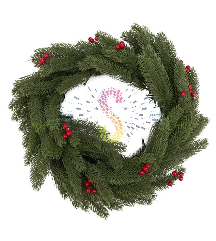 Детальное фото рождественского венка Neon-Night SEL-383: литые зеленые ветки, красные ягоды, 20 светодиодов теплого белого свечения, работающих от 2 батареек АА.