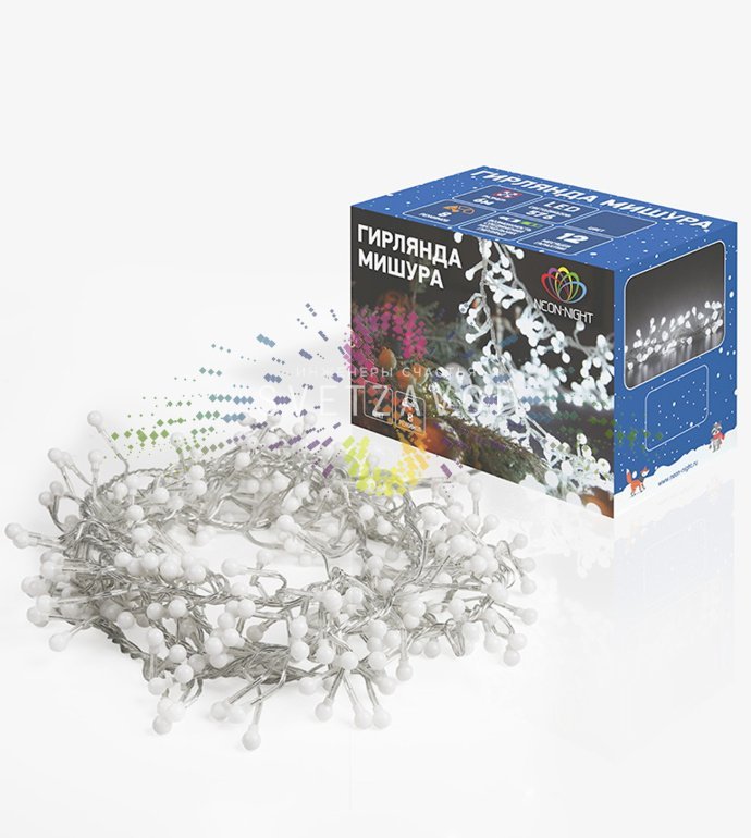 Детальное фото гирлянды Мишура Neon-Night: синие светодиоды (576 шт.) на прозрачном ПВХ проводе, контроллер с 8 режимами, длина 6 метров.