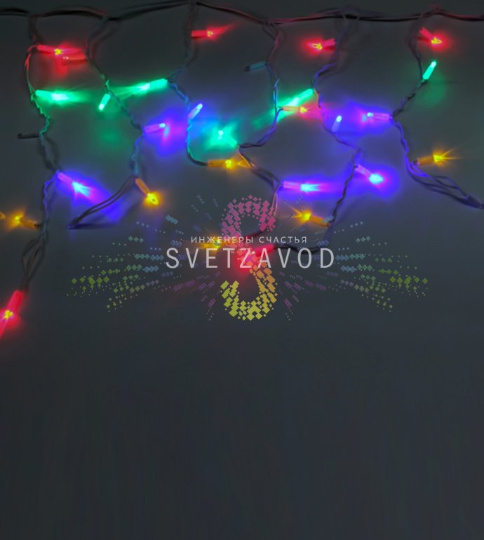 Детальное фото светодиодной бахромы Айсикл: горизонтальный кабель 4.8м с вертикальными нитями 50/60/50/40см, светодиоды мульти RGBY, белый каучуковый провод, коннекторы для соединения.