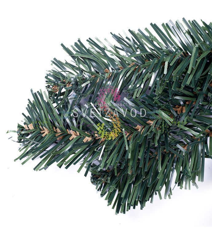 Детальное фото елового шлейфа Neon-Night: видна структура из 220 гибких веток ПВХ с иголками 0.07 мм и 14 декоративных шишек, демонстрируется длина 2,7 м и диаметр 36 см.