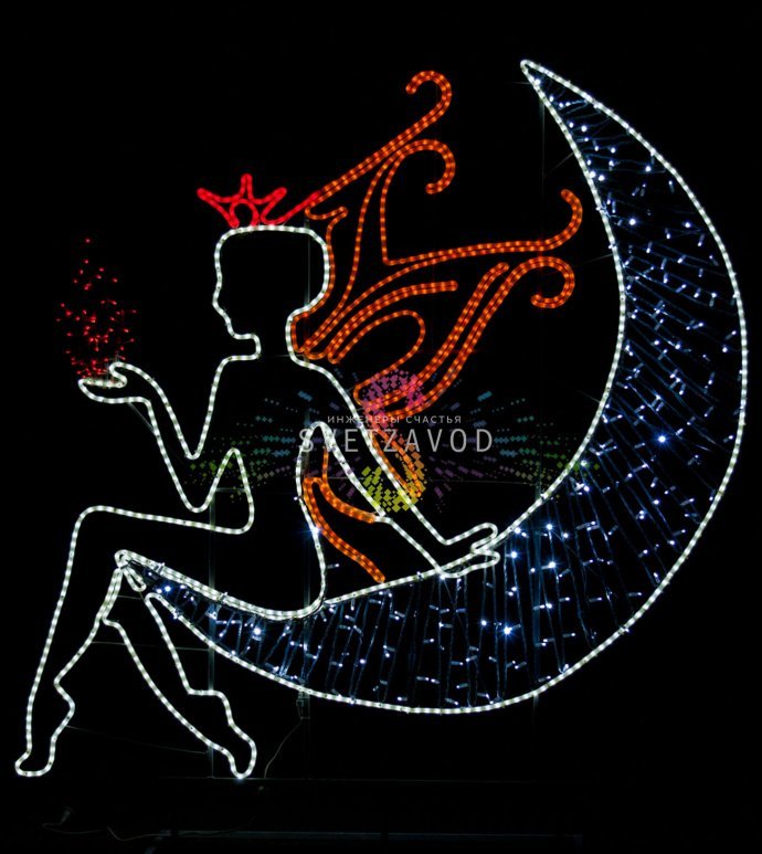 Детальное фото светодиодной композиции 'Лунная принцесса' 2D размером 200х200 см. Видны металлический каркас, светодиодные гирлянды и дюралайт. Фигура предназначена для уличного использования. Детальное фото светодиодной композиции 'Лунная принцесса' 2D размером 200х200 см. Видны металлический каркас, светодиодные гирлянды и дюралайт. Фигура предназначена для уличного использования.