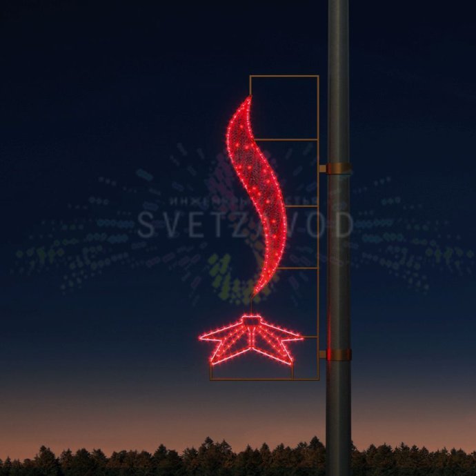 Детальное фото светодиодной консоли "Вечный огонь" для 9 мая. Видны пятиконечная звезда, языки пламени, металлический каркас и светодиодные модули. Габариты 135х58х3 см.