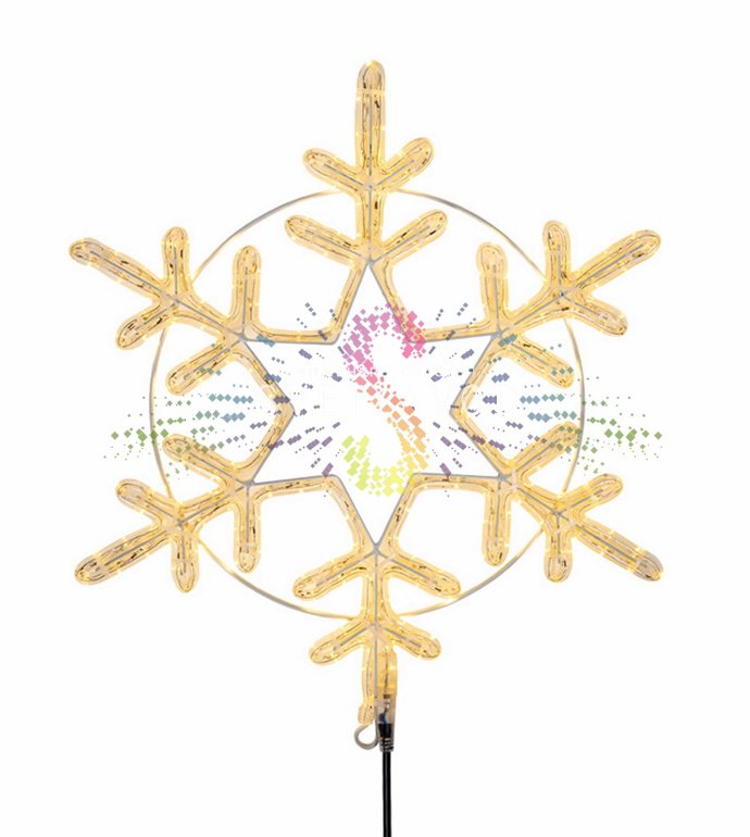 Детальное фото светодиодной снежинки Neon-Night на металлическом каркасе. Видны светодиодный дюралайт, ушко для монтажа и шнур питания.